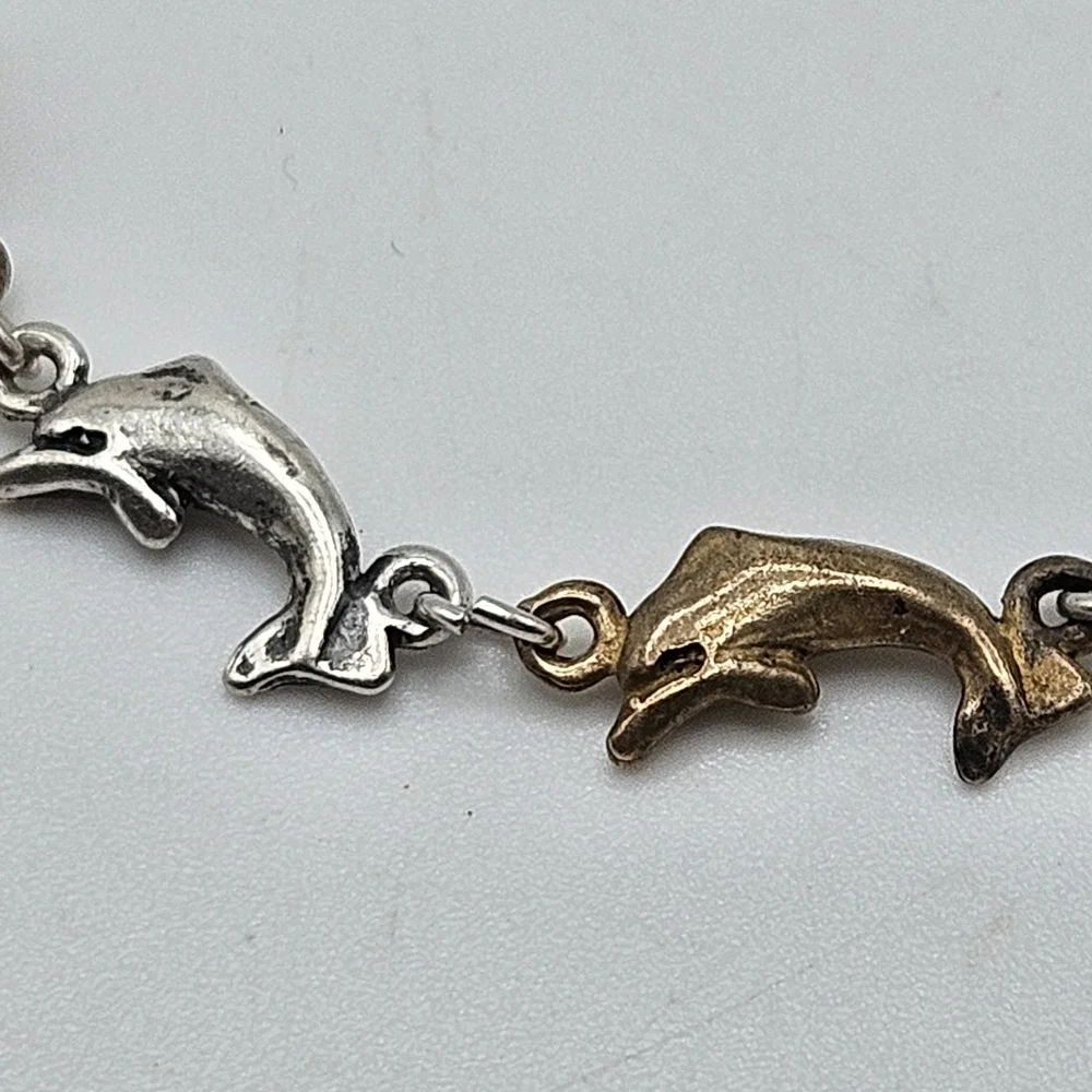 VINTAGE Sterling Silver 925 Silver & Gold Tone Leaping Dolphin Link Bracelet